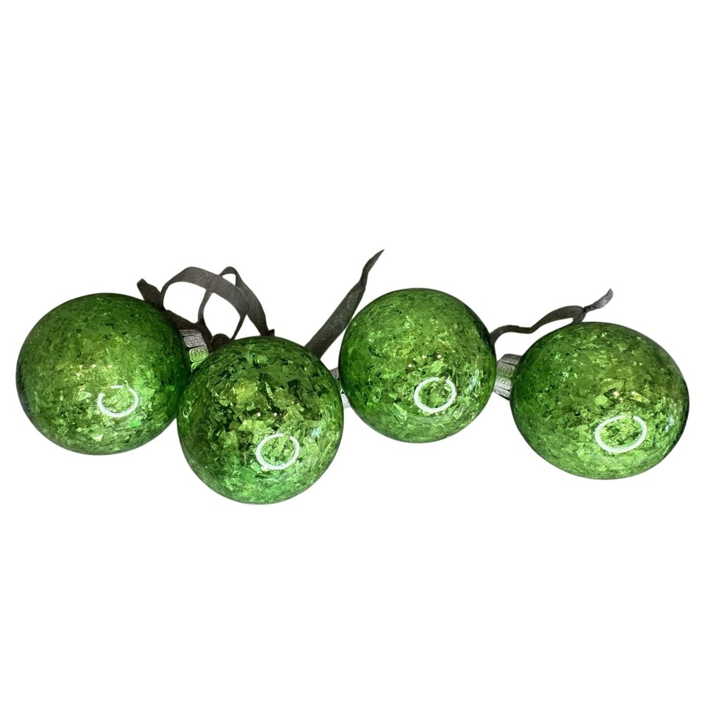 Green Crushed Glass Christmas Ornaments Set of 4 Round 4 Inch Holiday Baubles